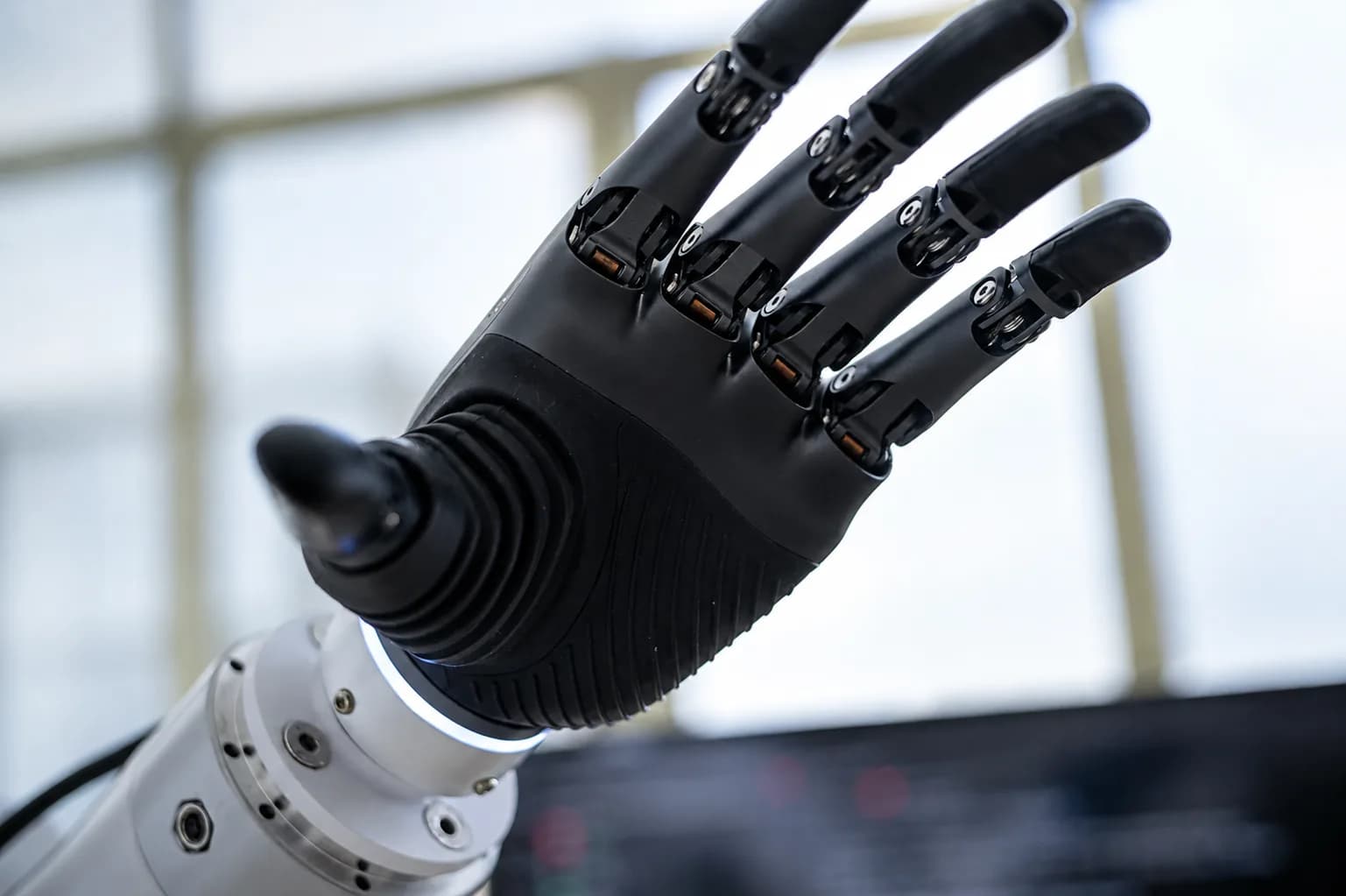 Close-up of a Veyrion robotic hand with tactile sensors in each fingertip