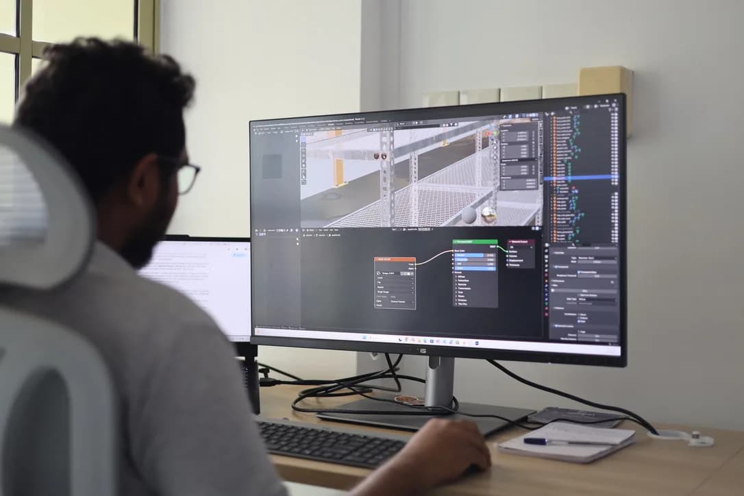 Engineer reviewing robotics, simulation, or industrial software