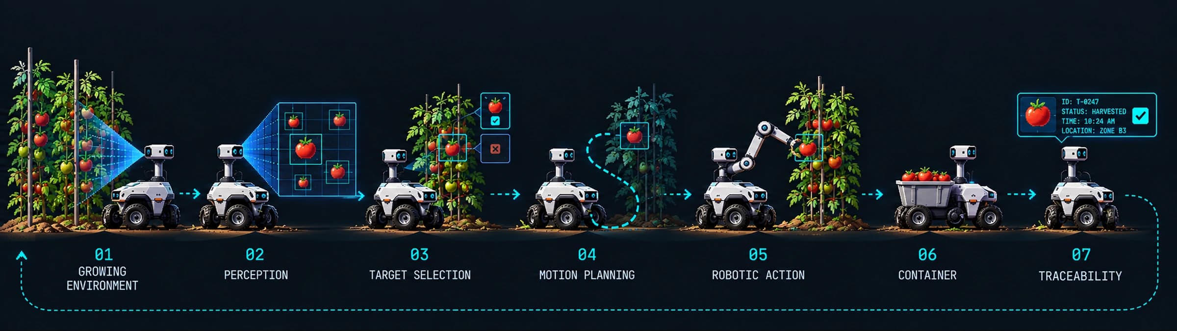 Senn continuous harvesting workflow: growing environment, perception, target selection, motion planning, robotic action, container, and traceability