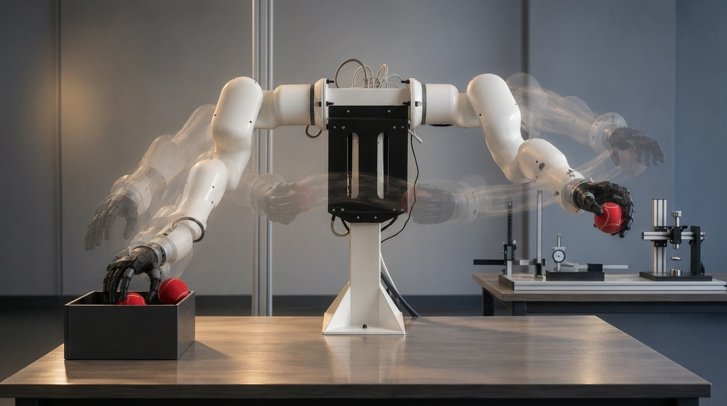 Vex industrial floor configuration: dual-arm autonomous robotic manipulator demonstrating multi-modal grasp and physical interaction