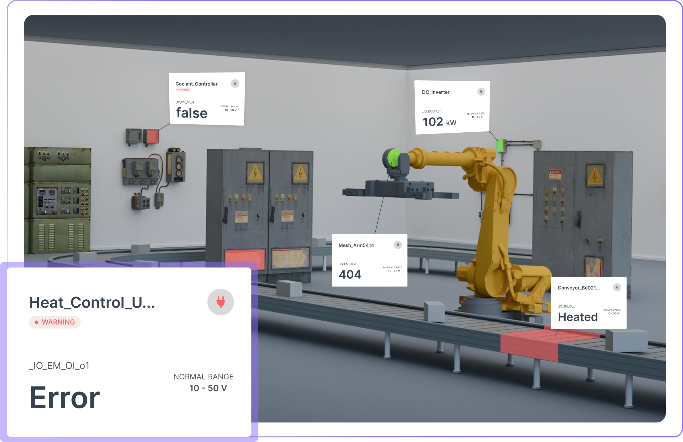 Syntra 3D digital twin spatial mesh showing live equipment status and telemetry tags